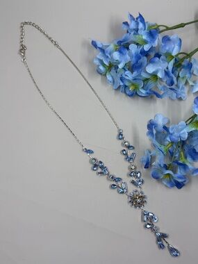 Blue Crystal Aurora Borealis and Rose Bud Drop Vintage Y Shaped Necklace